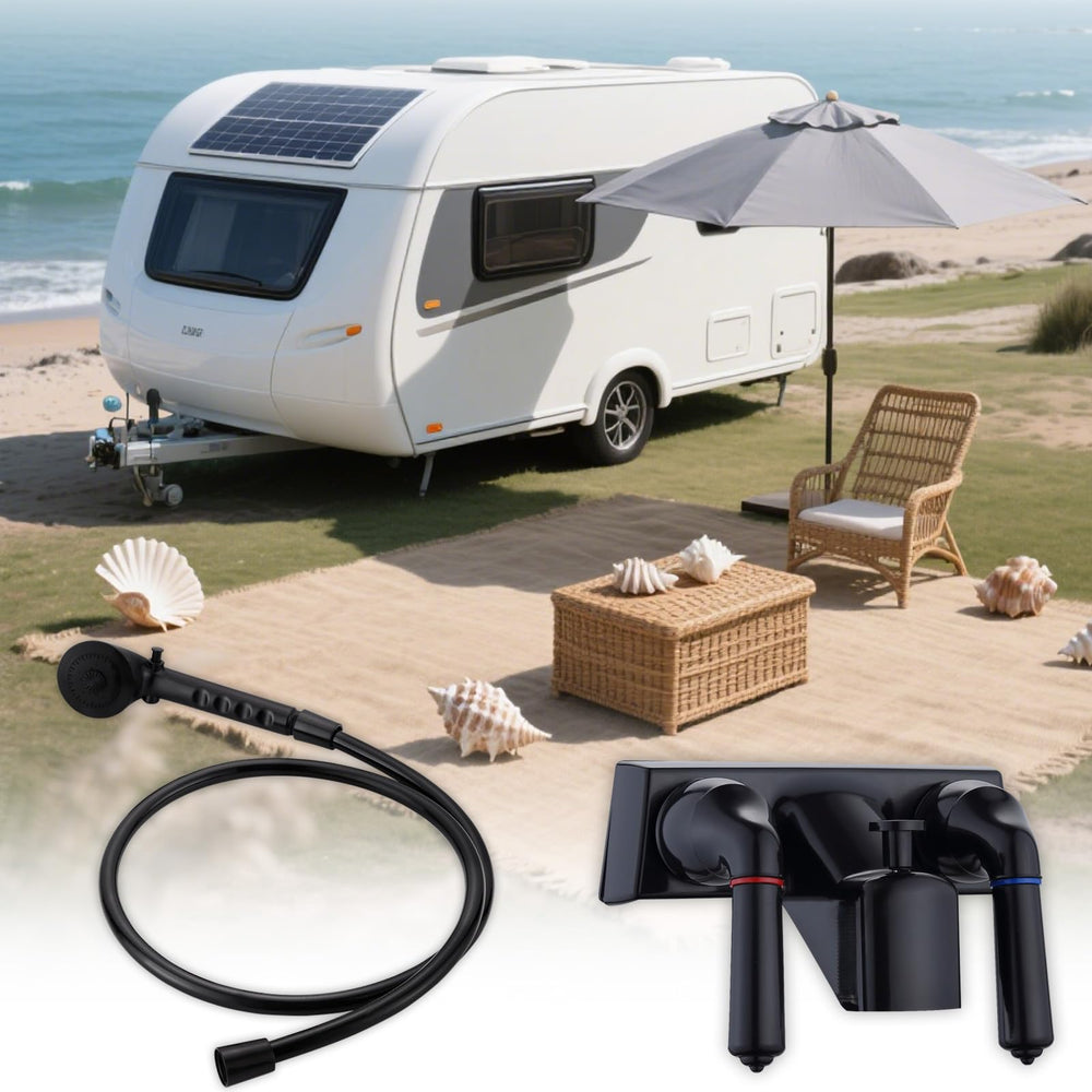 hansengroe outdoor RV shower lifestyle scene showing convenient on-the-go use
