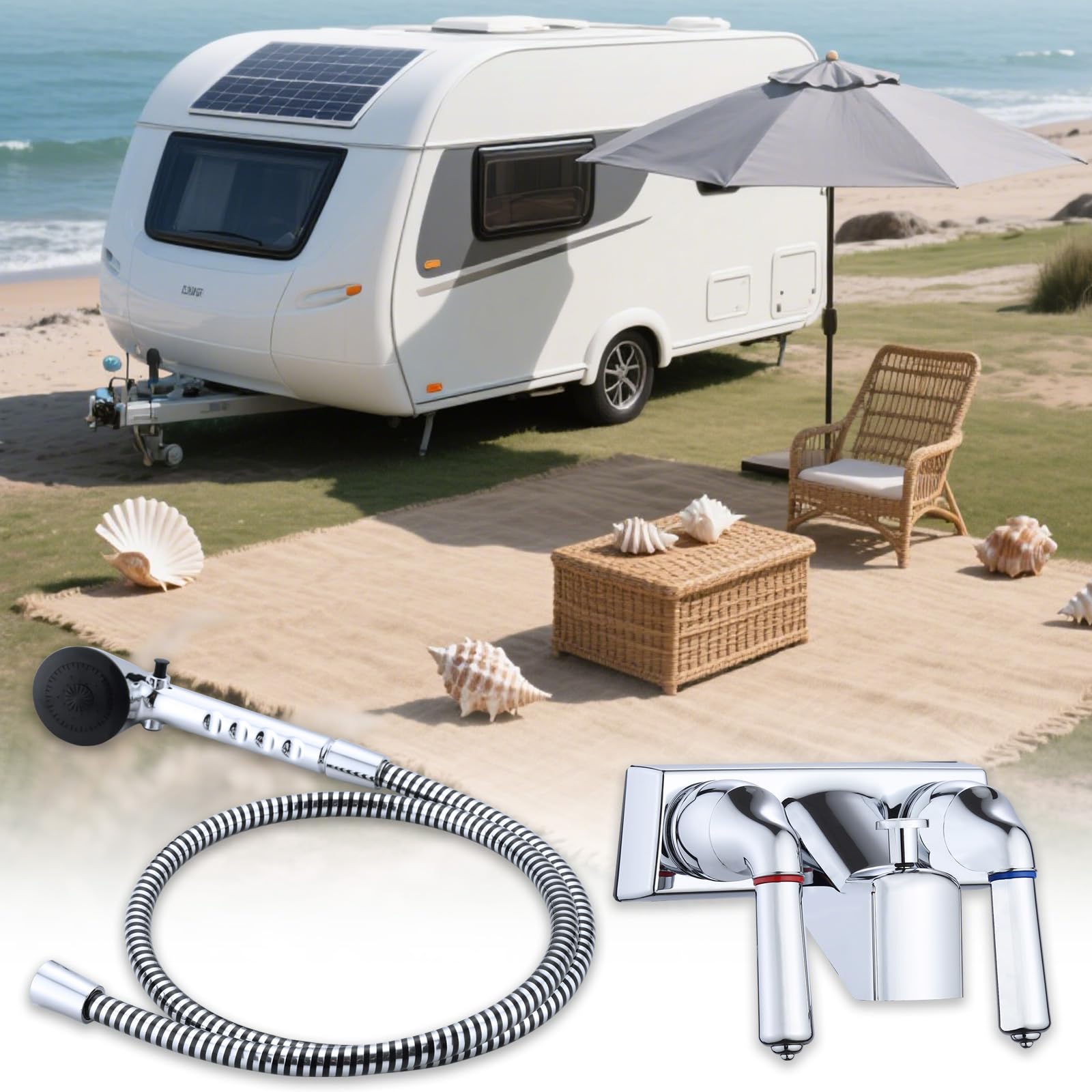 hansengroe outdoor shower in use demonstrating hose reach and convenient exterior rinsing
