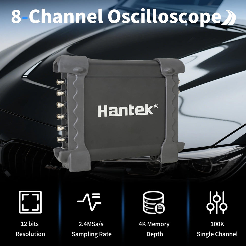 Hantek 1008C eight channel input cluster with probes connected for simultaneous circuit monitoring