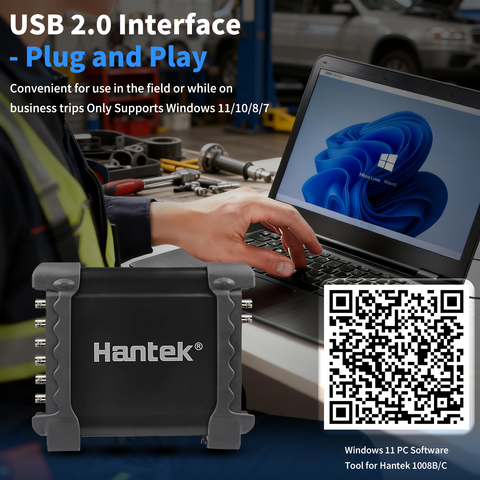 Hantek 1008C close-up of resolution and model label highlighting 12-bit accuracy for finer detail