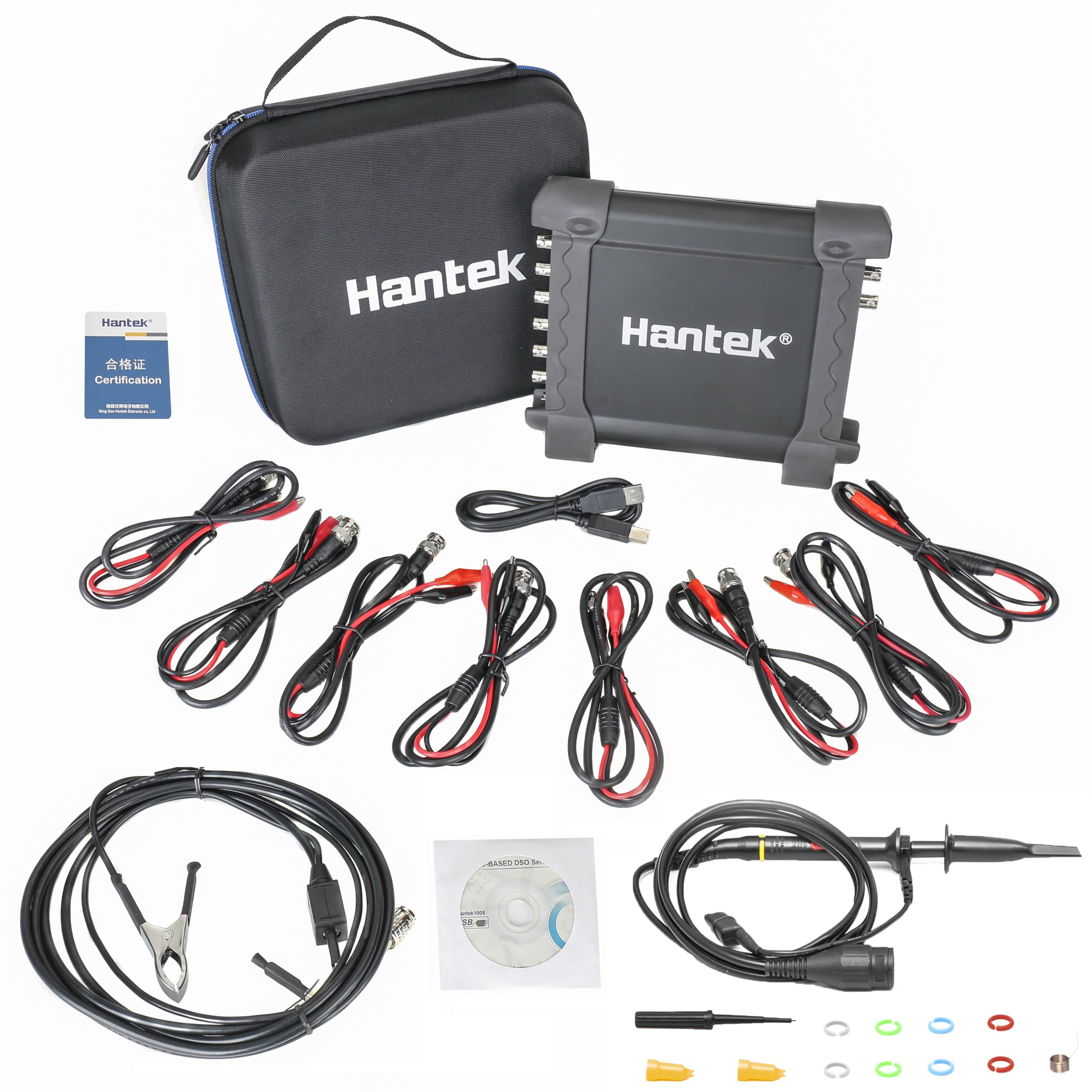 Hantek 1008C front panel showing connectors and status LEDs for quick identification and workflow
