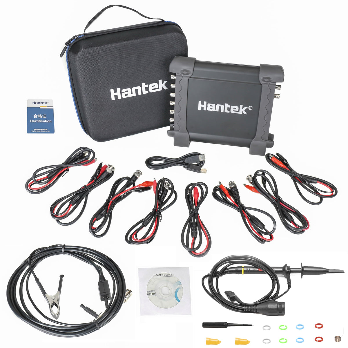 Hantek 1008C front panel showing connectors and status LEDs for quick identification and workflow