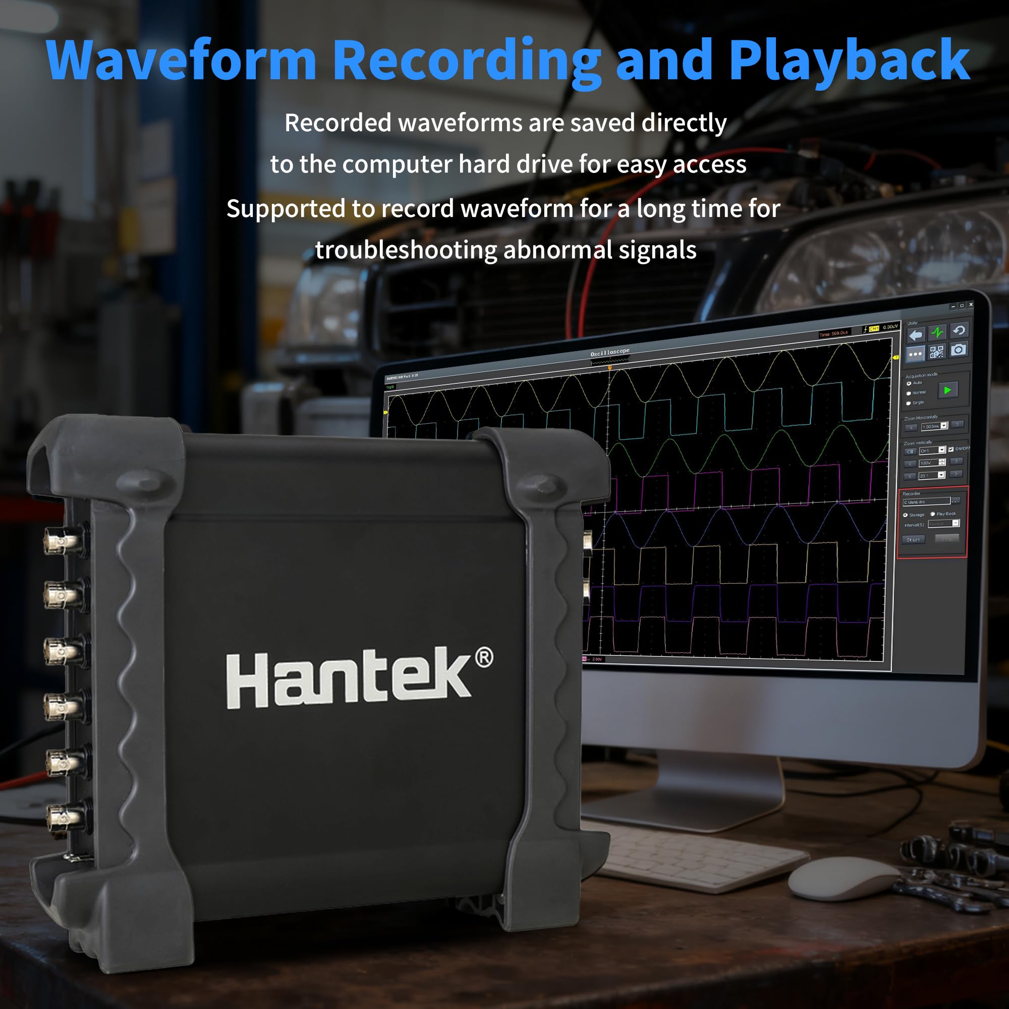 Hantek 1008C in a garage bench diagnosing automotive sensor signals for real-world troubleshooting