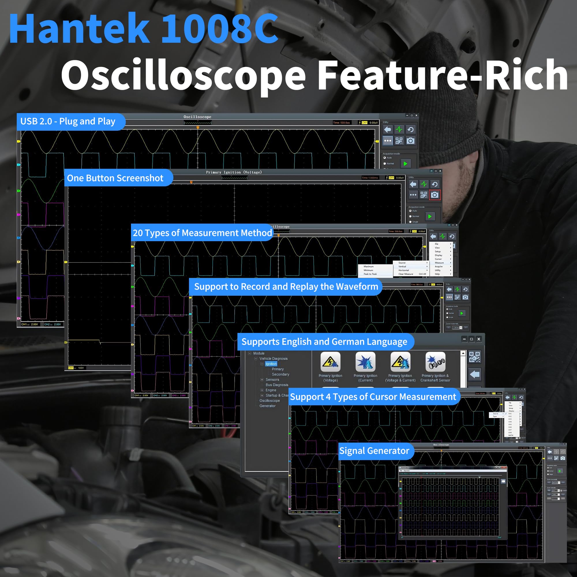 Hantek 1008C included probes and accessories arranged to show convenience and ready-to-use setup