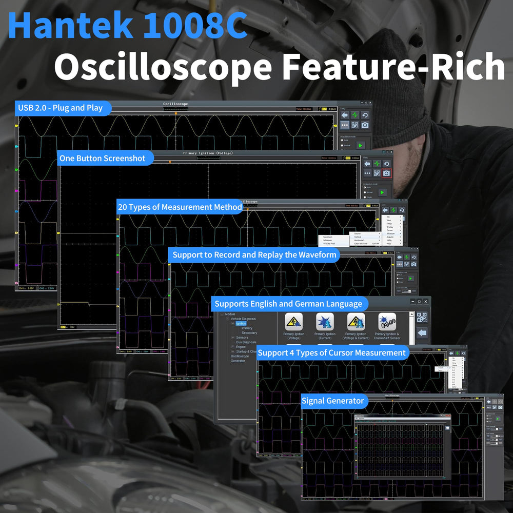 Hantek 1008C included probes and accessories arranged to show convenience and ready-to-use setup