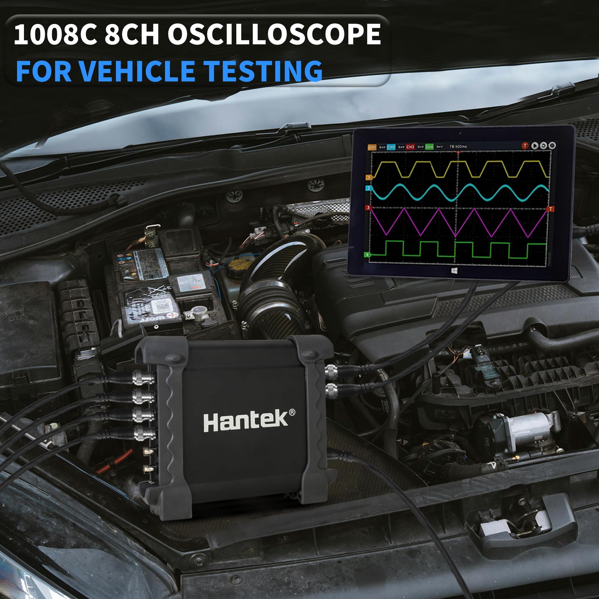 Hantek 1008C held in hand to show compact size and portability for technicians on the move