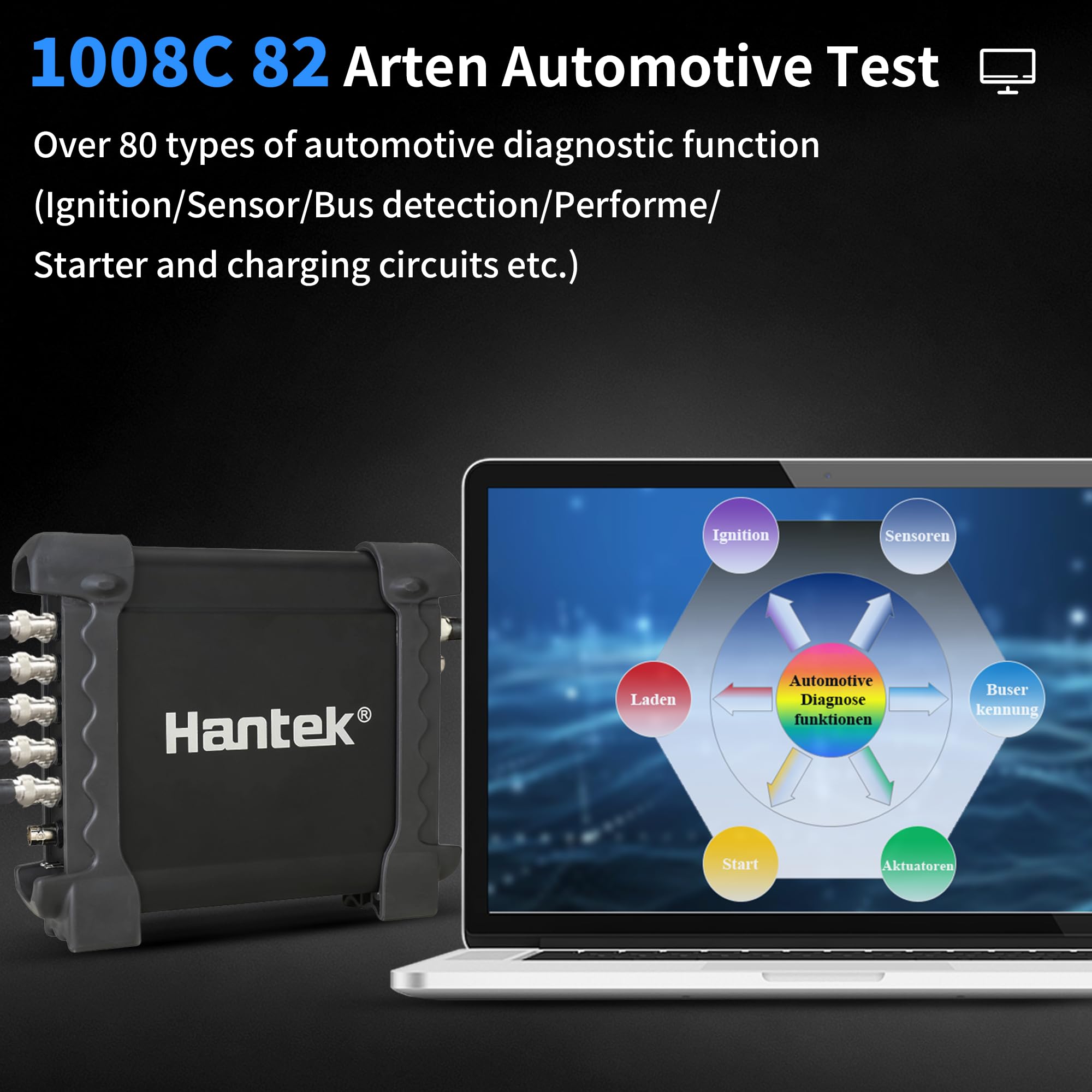 Hantek 1008C PC software waveform display on a laptop for clear analysis and data logging