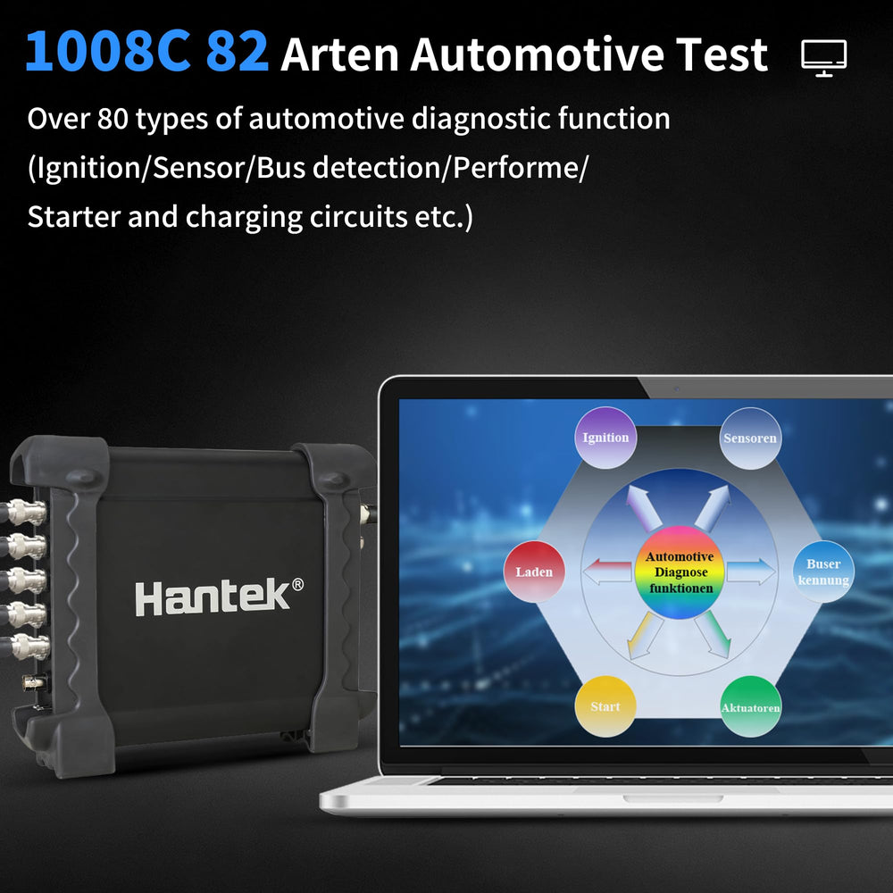 Hantek 1008C PC software waveform display on a laptop for clear analysis and data logging