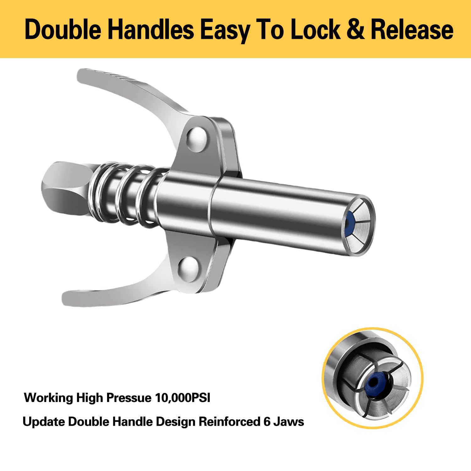 HANTUO locking grease gun coupler closeup demonstrating secure connection