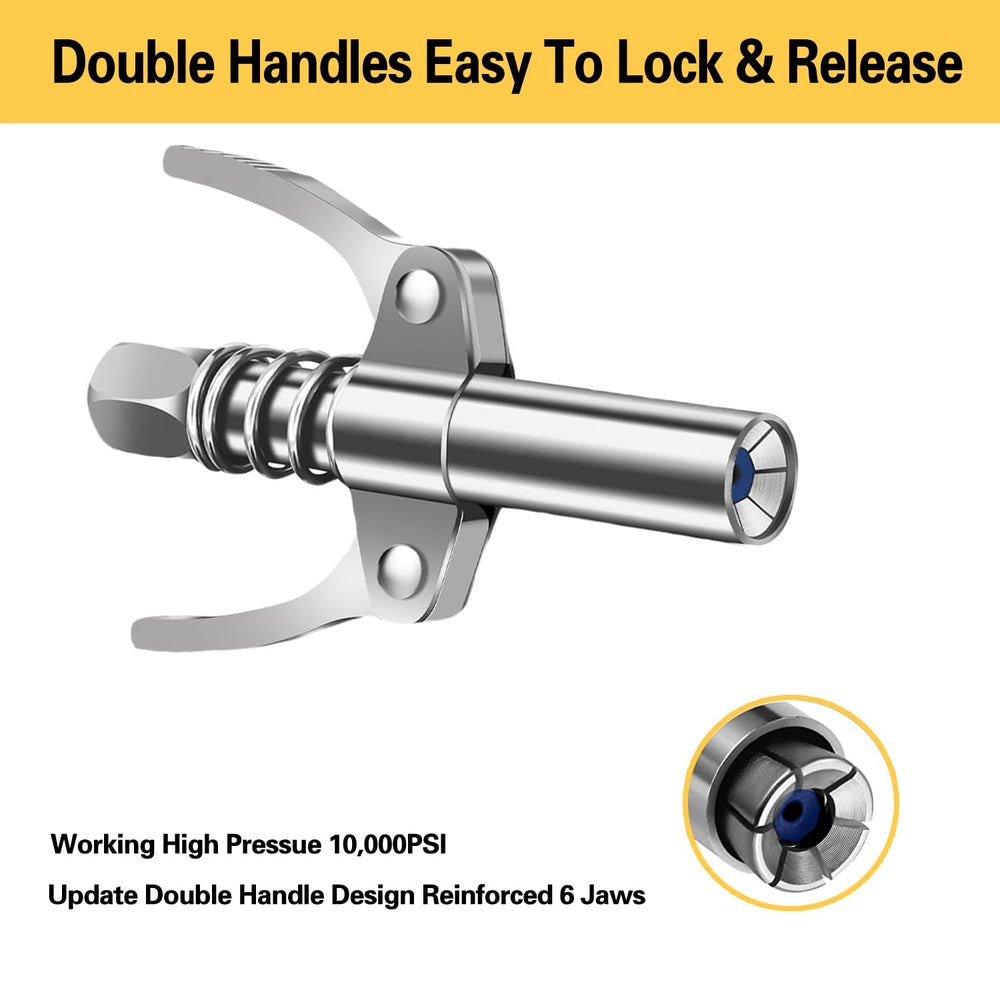 HANTUO locking grease gun coupler closeup demonstrating secure connection