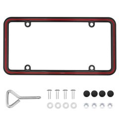 Hanwell Products front view of black-red license plate frame showing clean fit and finish