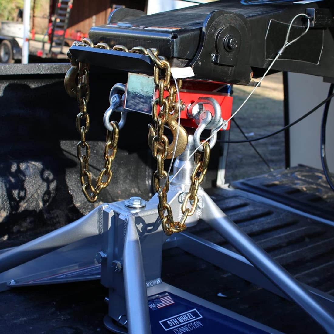 HAOIOPM chains mounted on Ultimate Fifth Wheel Connection rail demonstrating fit and ease of installation