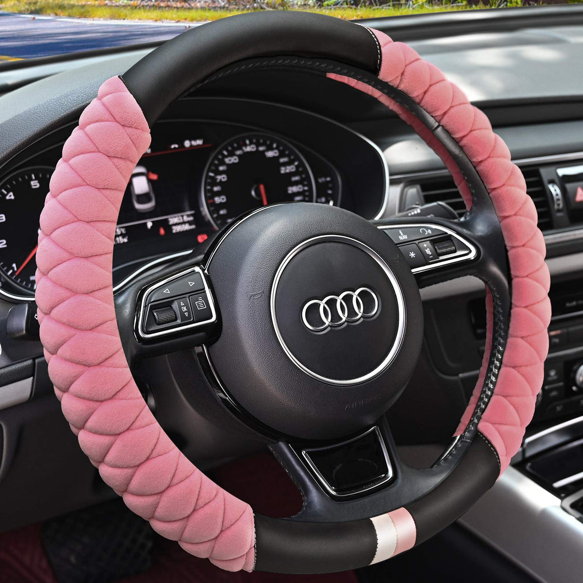 HAOKAY pink steering wheel cover front view showing soft plush and cozy upgrade