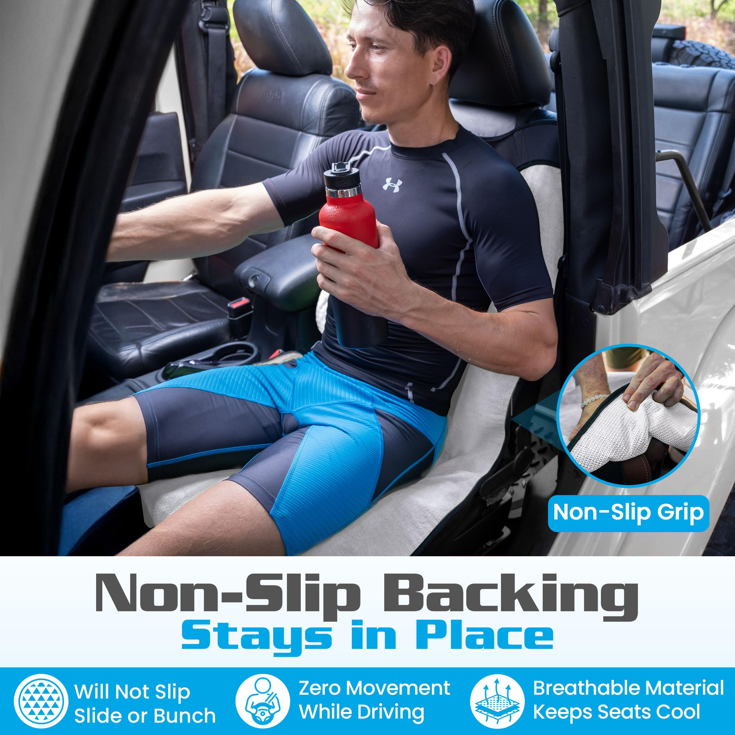 HAPPEGEAR installed on a front seat demonstrating universal fit benefit