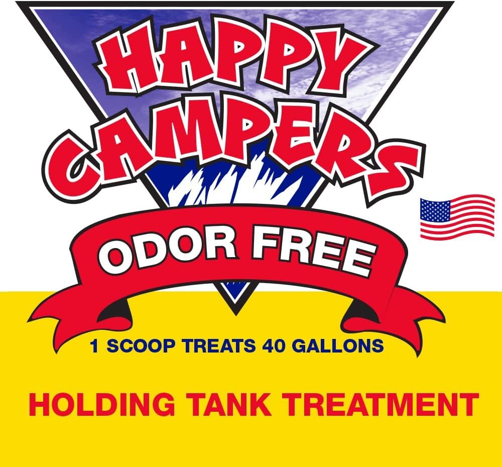 Happy Campers next to a water bottle showing scoop size and treatment coverage