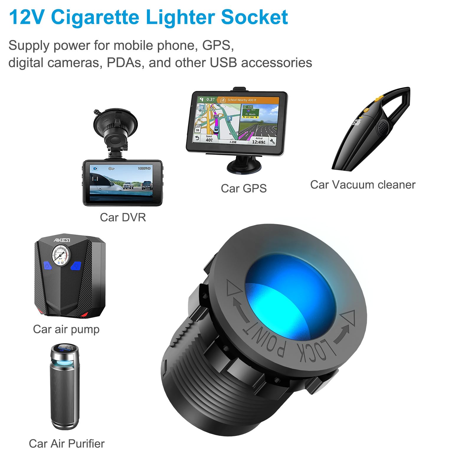 Hapytrip cigarette socket lit blue at night for easy accessory connection