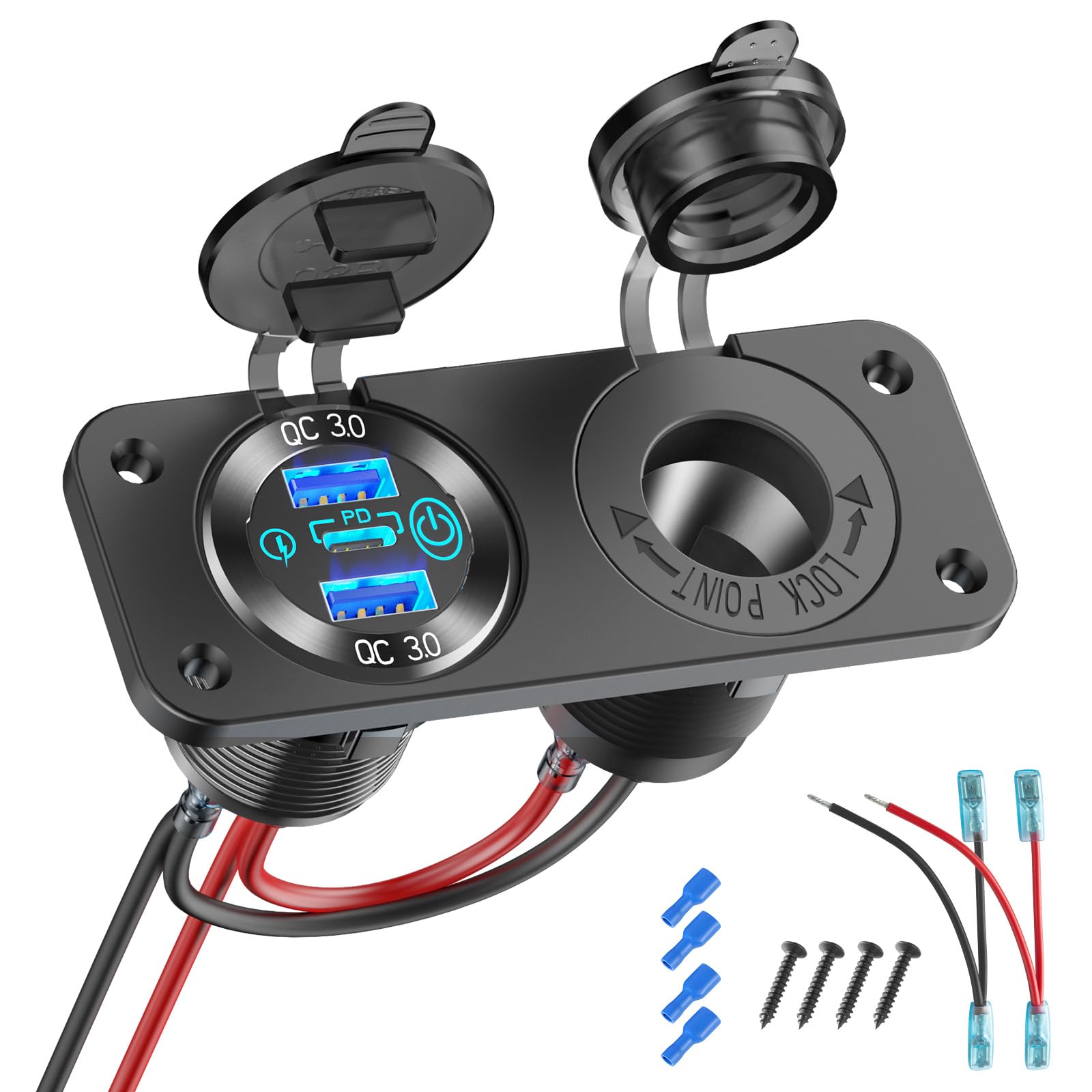Hapytrip front panel assembly showing ports and switched outlet, durable and space-saving