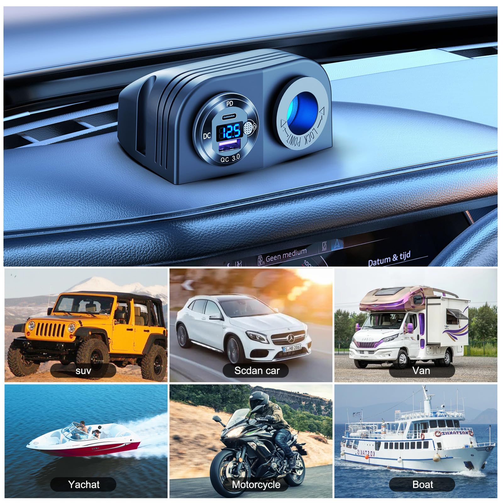 Hapytrip installed on RV dashboard offering organized power and quick charging