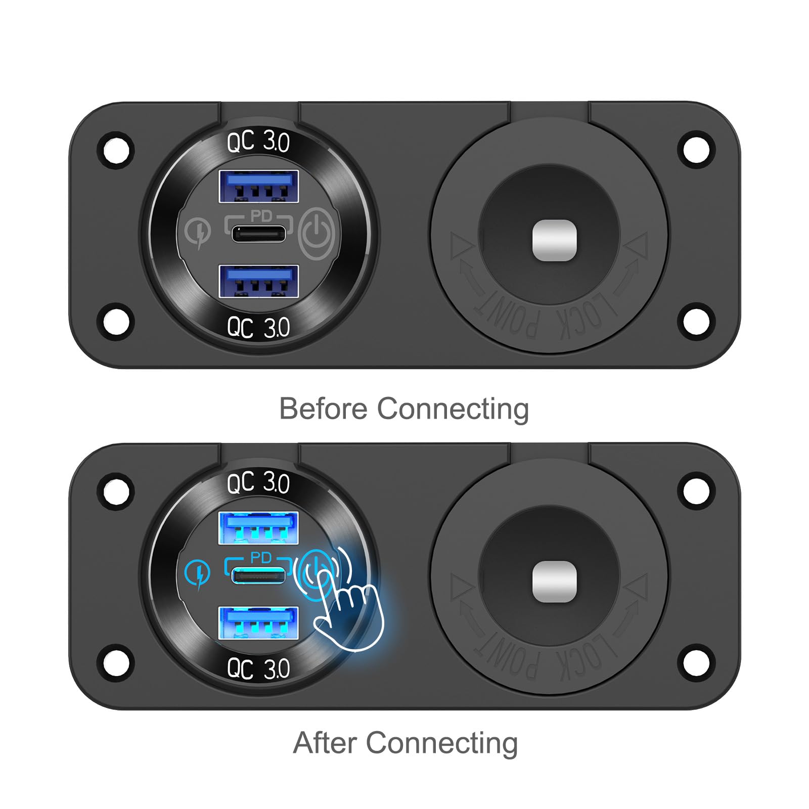 Hapytrip power switch and LED indicator detail for easy on/off control and visibility