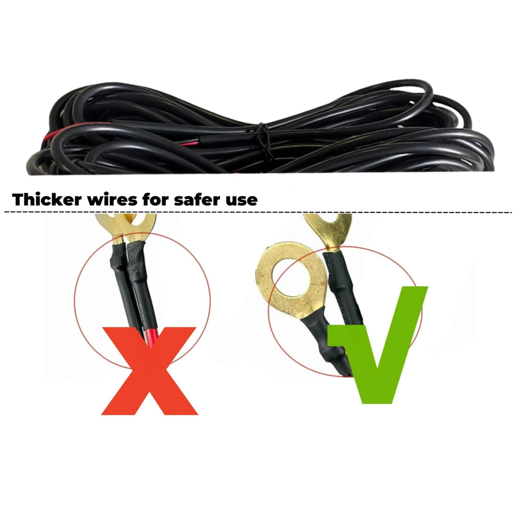 Generic Harmar harness connected to vehicle battery showing correct installation benefit