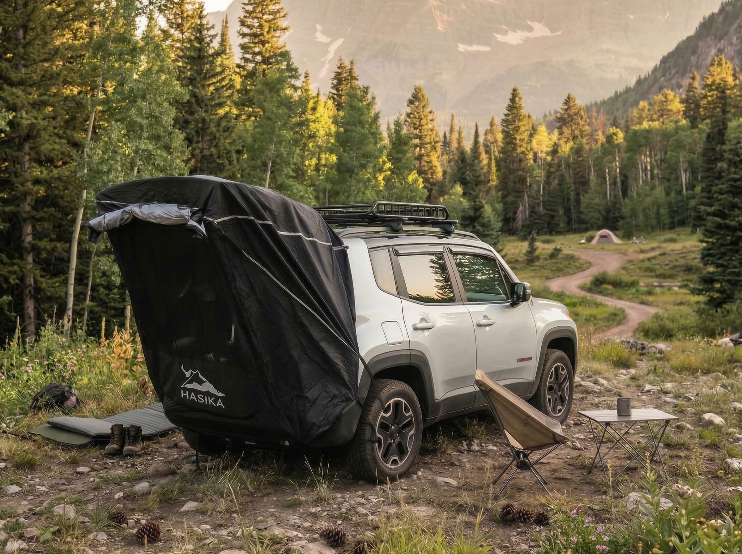 HASIKA tent attached to SUV demonstrating universal fit and extra living area