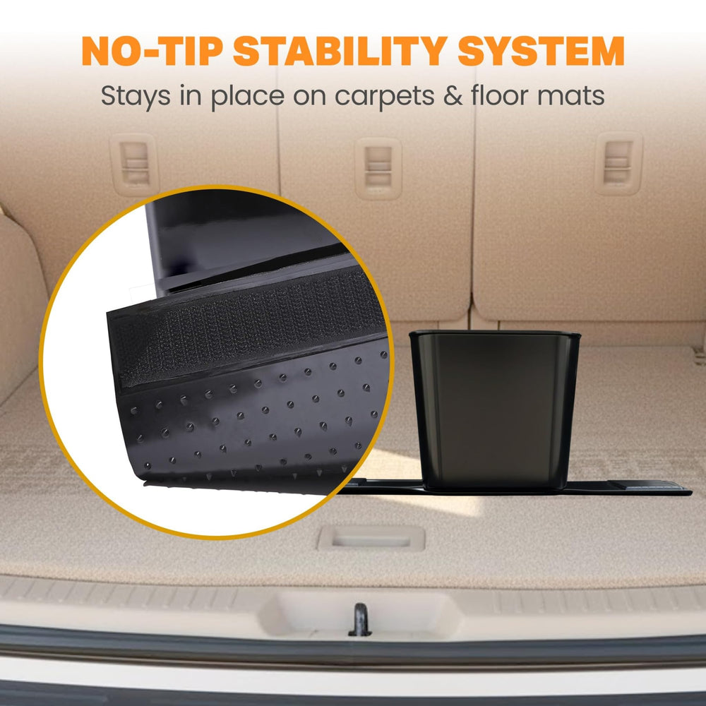 HAUSSIMPLE placed on rear seat floor showing easy reach for passengers and cleanliness