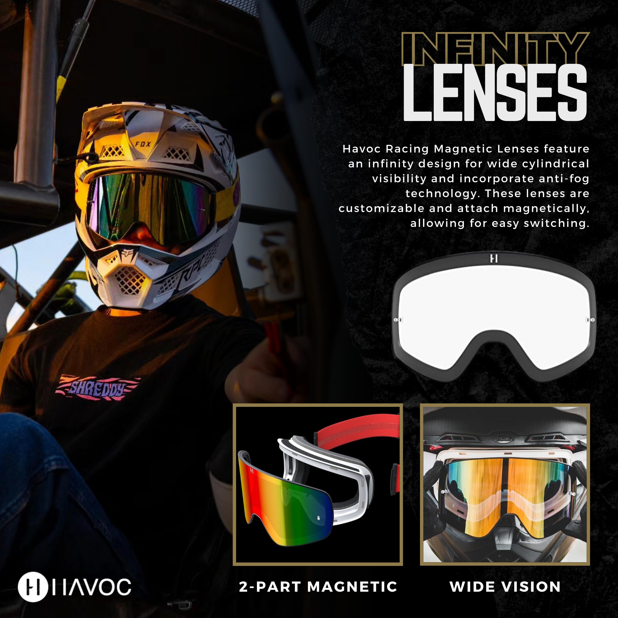 Havoc Racing close-up of lens texture highlighting anti-scratch and anti-fog treatment