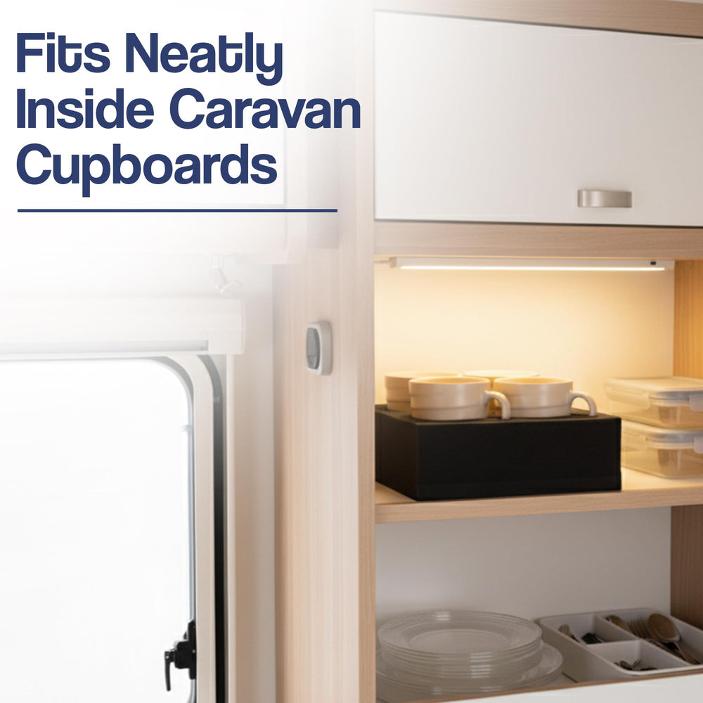 HAWETICO installed in an RV cabinet demonstrating space-saving tidy storage