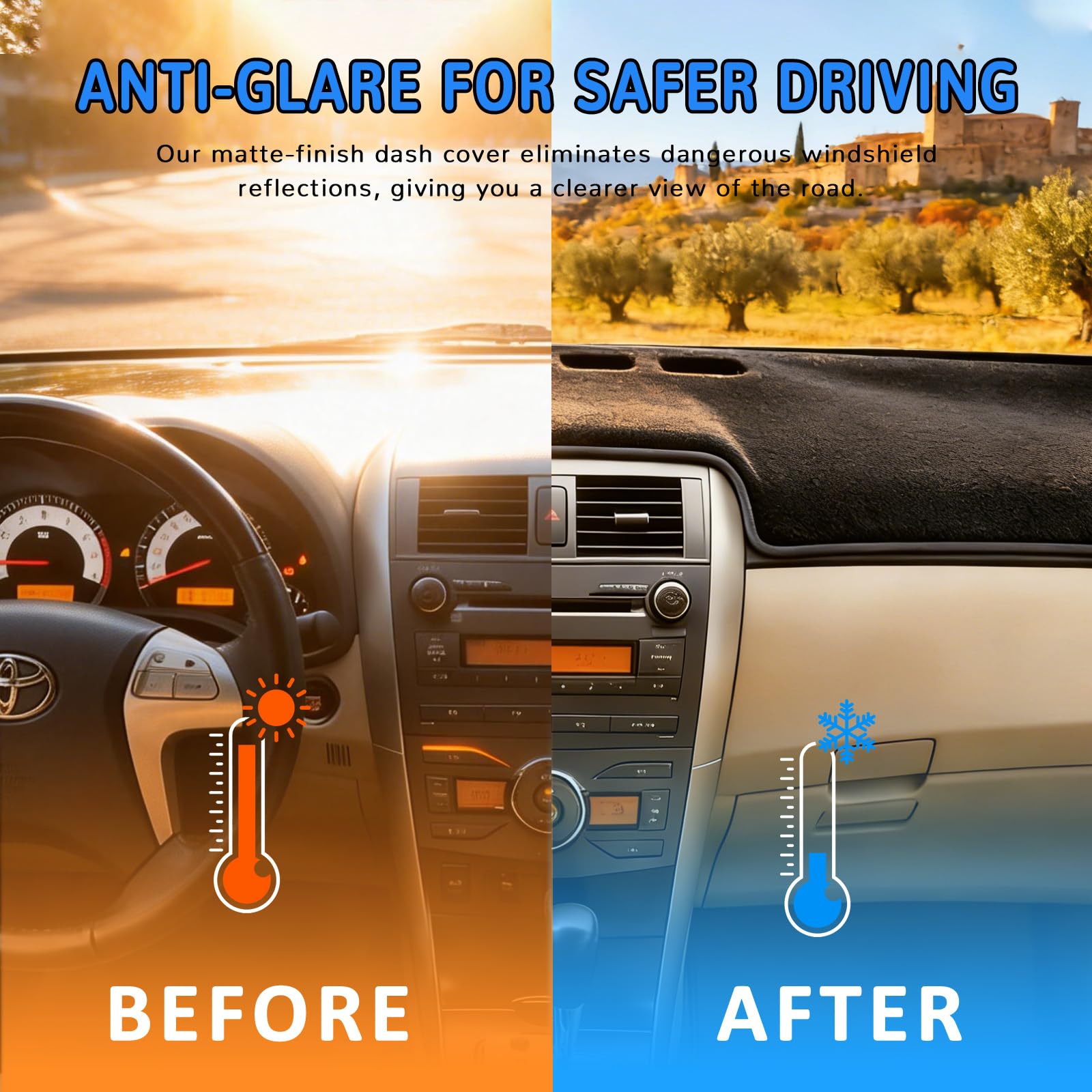 HEDAQI dash cover in a sunlit Corolla cabin reducing heat transfer and UV damage