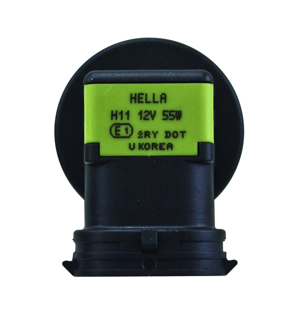 Hella H11 packaging labels and specs close-up displaying 12V 55W and product information
