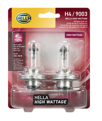 Hella front packaging showing two H4 100/55WTB bulbs and clear labeling for brightness benefits