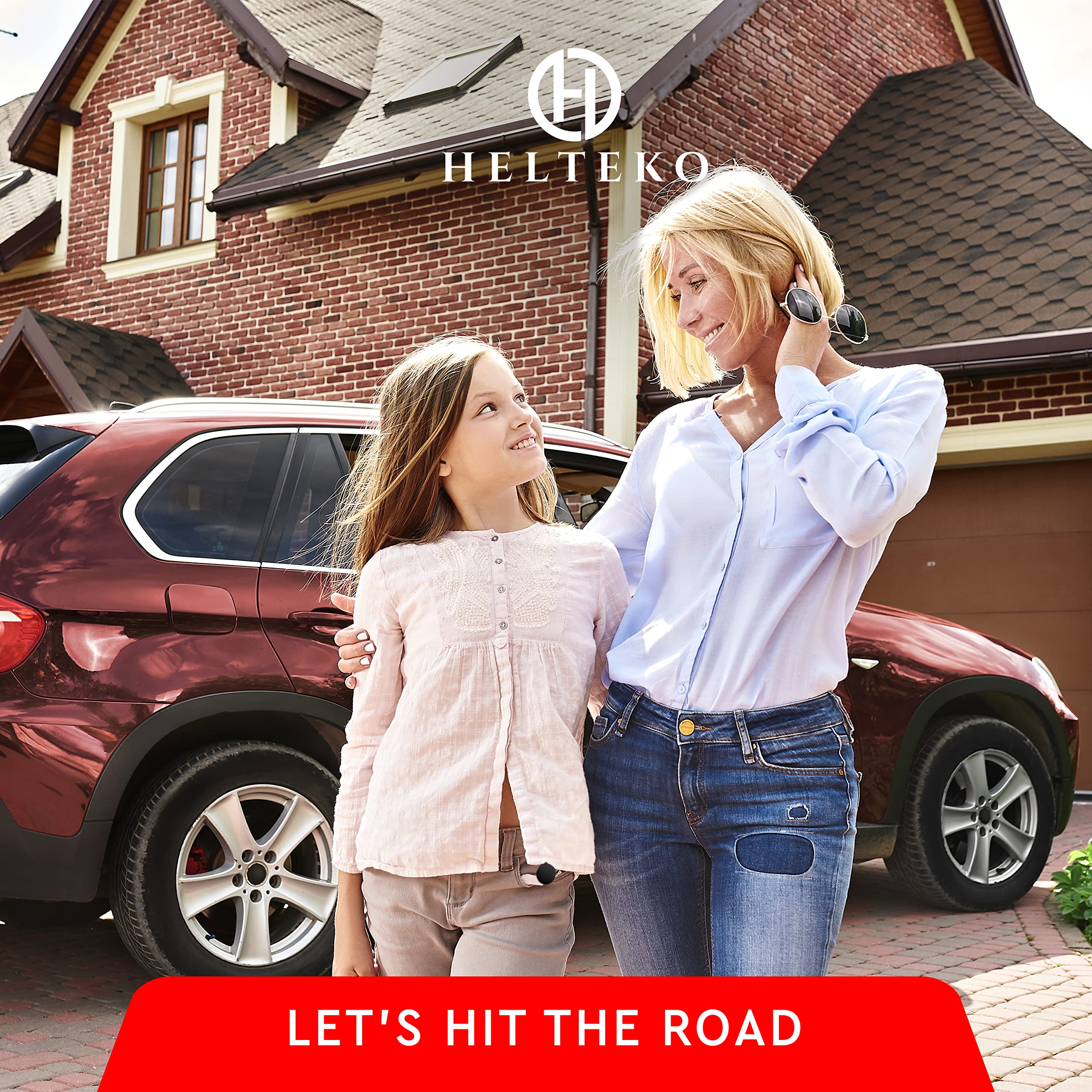 Helteko lifestyle image of family road trip with tidy backseat and entertainment