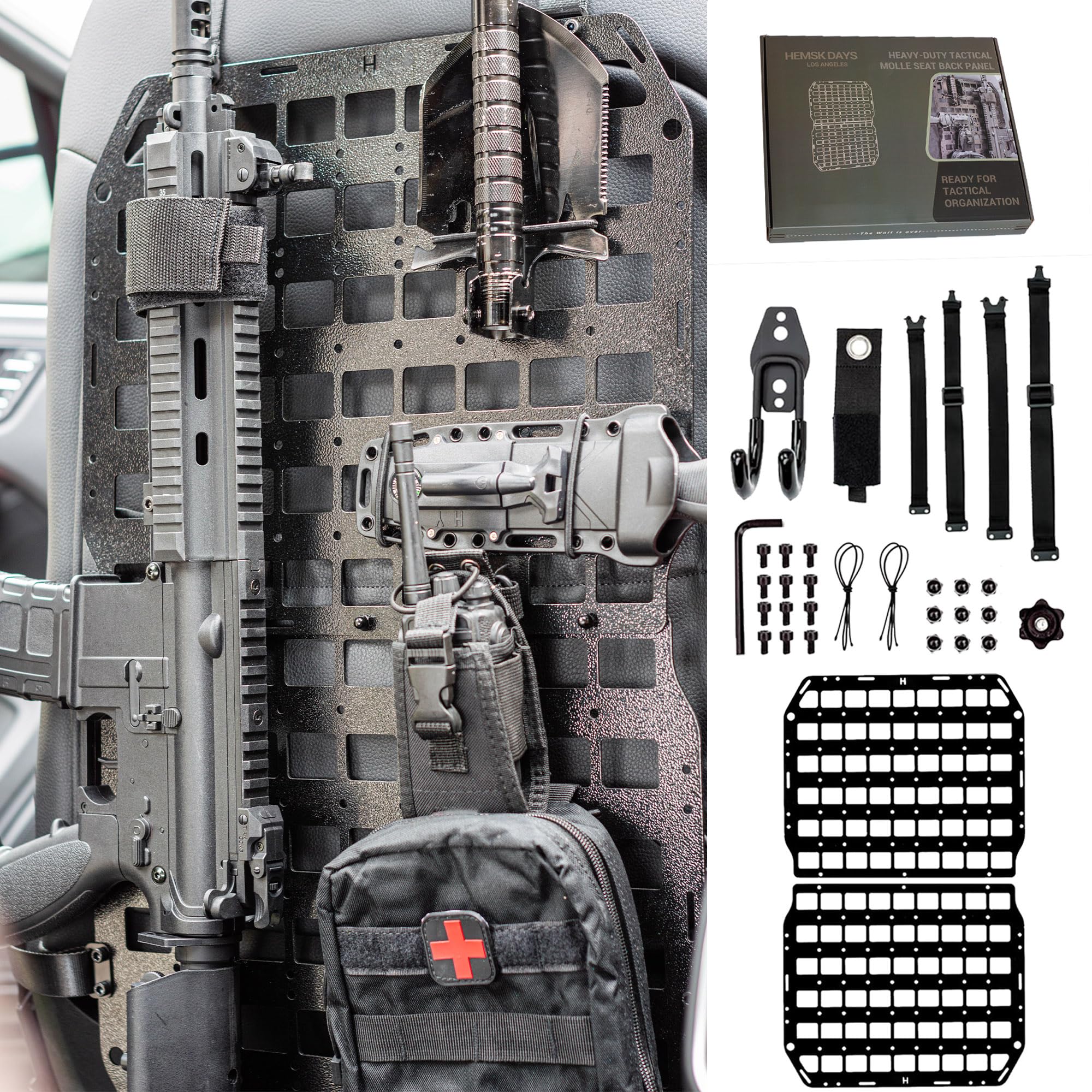 HEMSK DAYS front view of seat back panel showing organized pouches and quick access