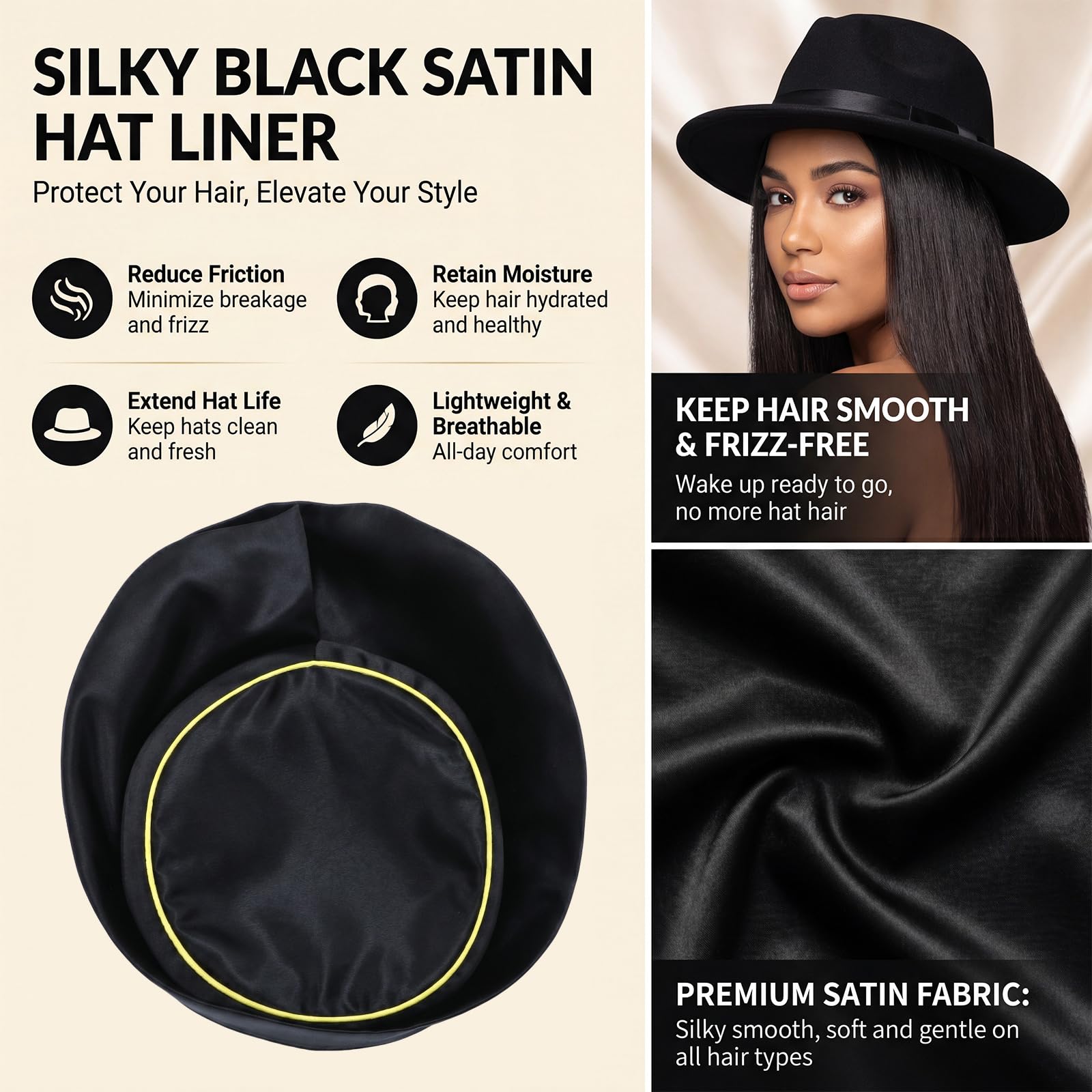 Hercicy close-up satin texture highlighting smooth fabric that protects hair