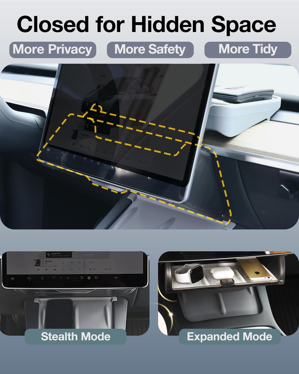 Heryvii open tray holding phone and sunglasses for quick-access convenience