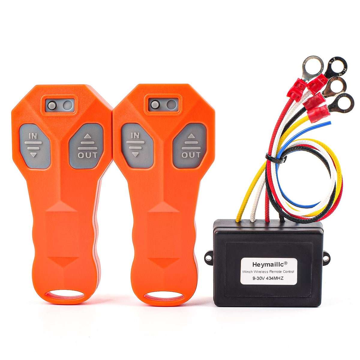 Heymaillc front-of-kit showing receiver and two remotes, clearly organized and ready to install