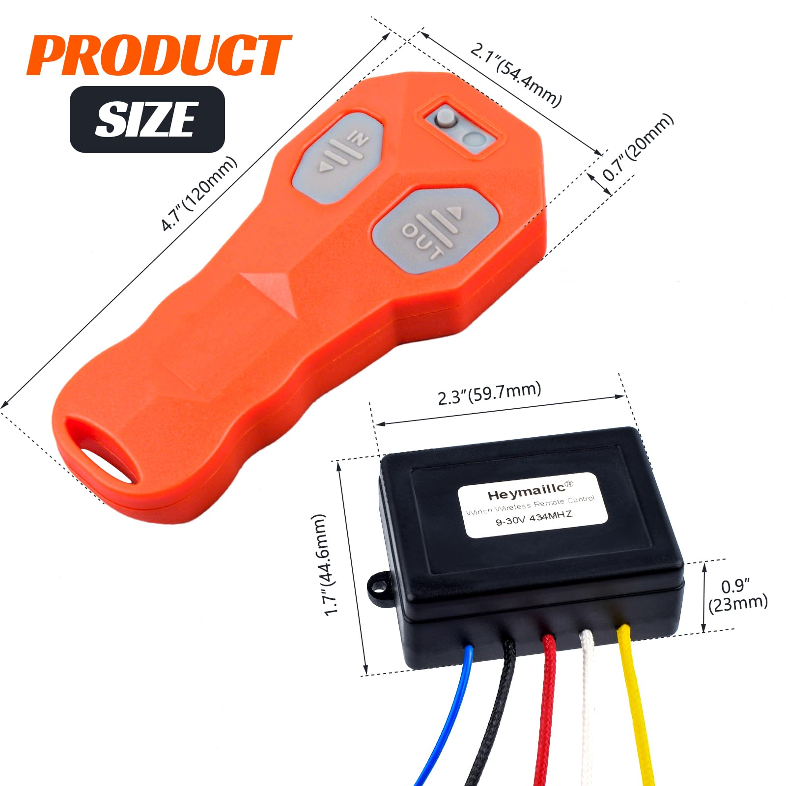 Heymaillc transmitter front with IN/OUT buttons, providing safe remote winch control