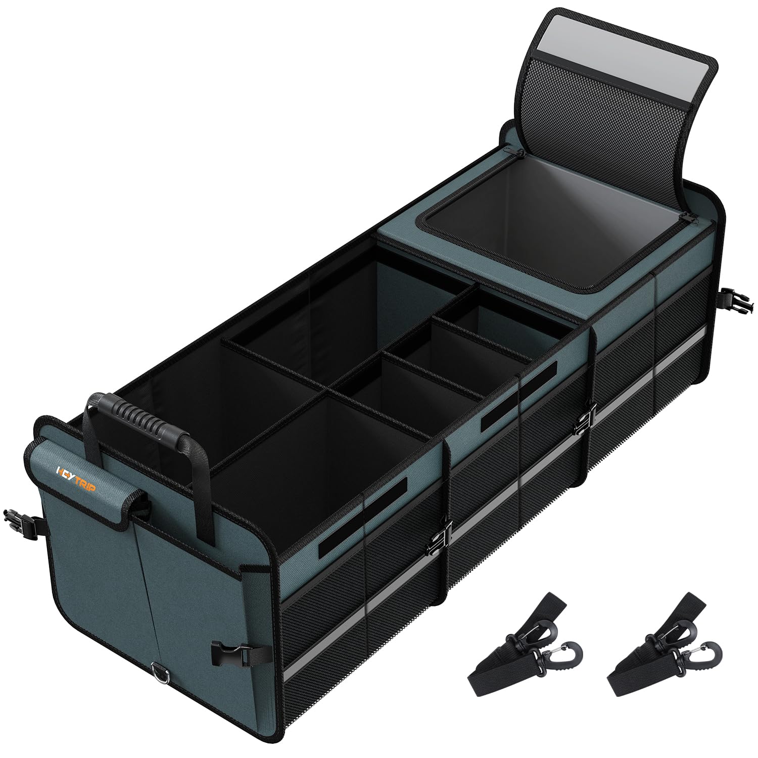 HEYTRIP front view showing full trunk organizer capacity and neat storage benefit