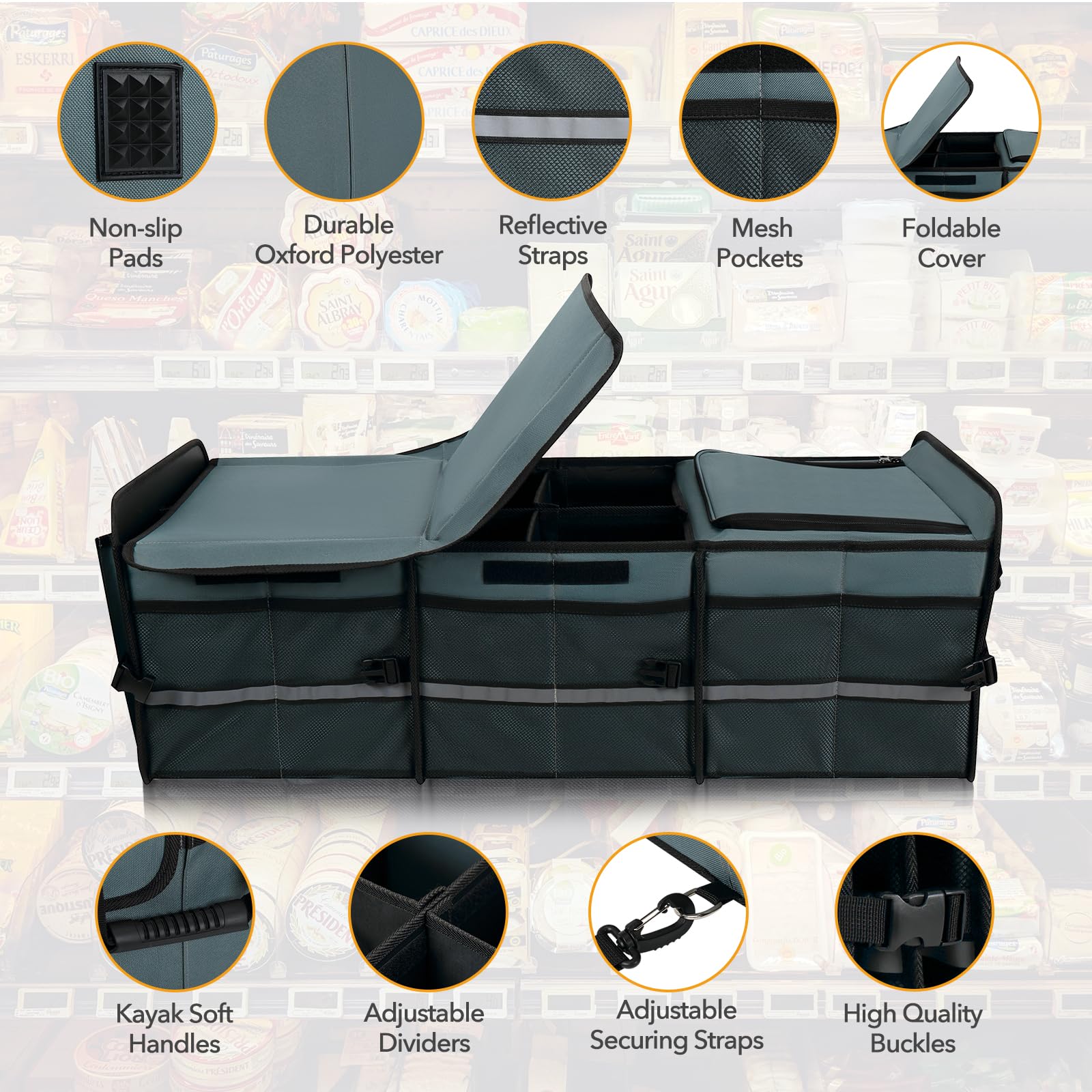 HEYTRIP lifestyle scene with trunk organizer used for groceries and picnic convenience