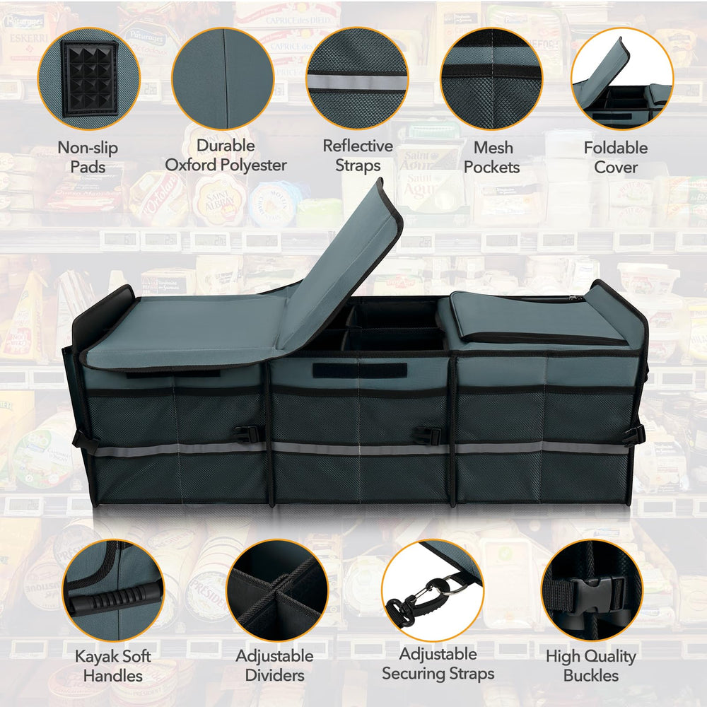 HEYTRIP lifestyle scene with trunk organizer used for groceries and picnic convenience