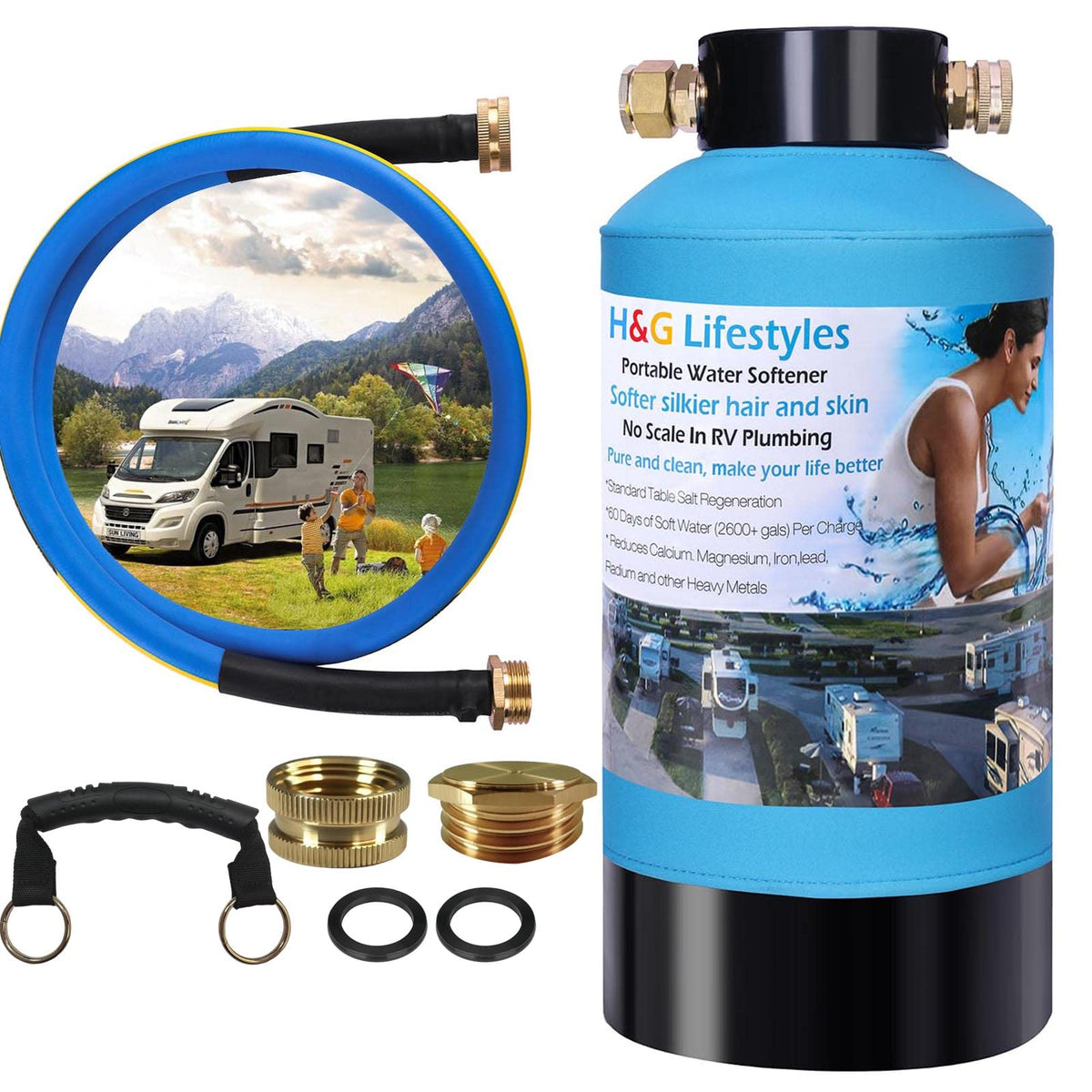 H&G lifestyles front view of portable softener showing compact design and immediate use benefit