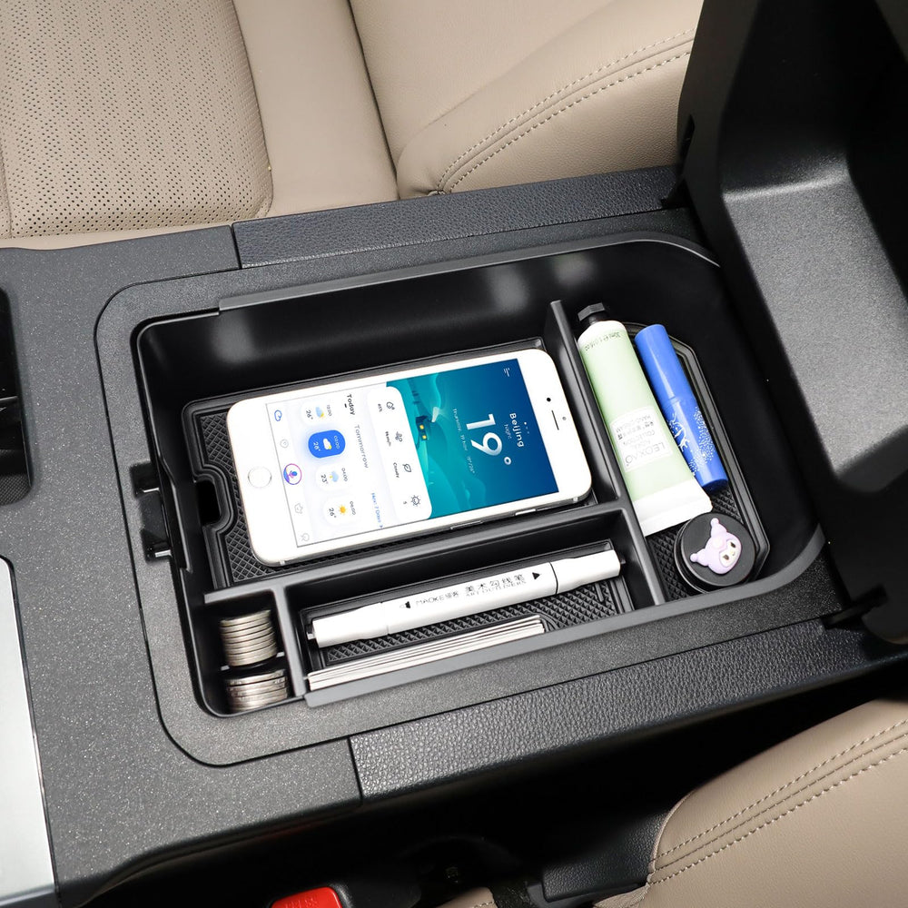 HGWEI front view of console organizer showing neat two-tier storage benefit