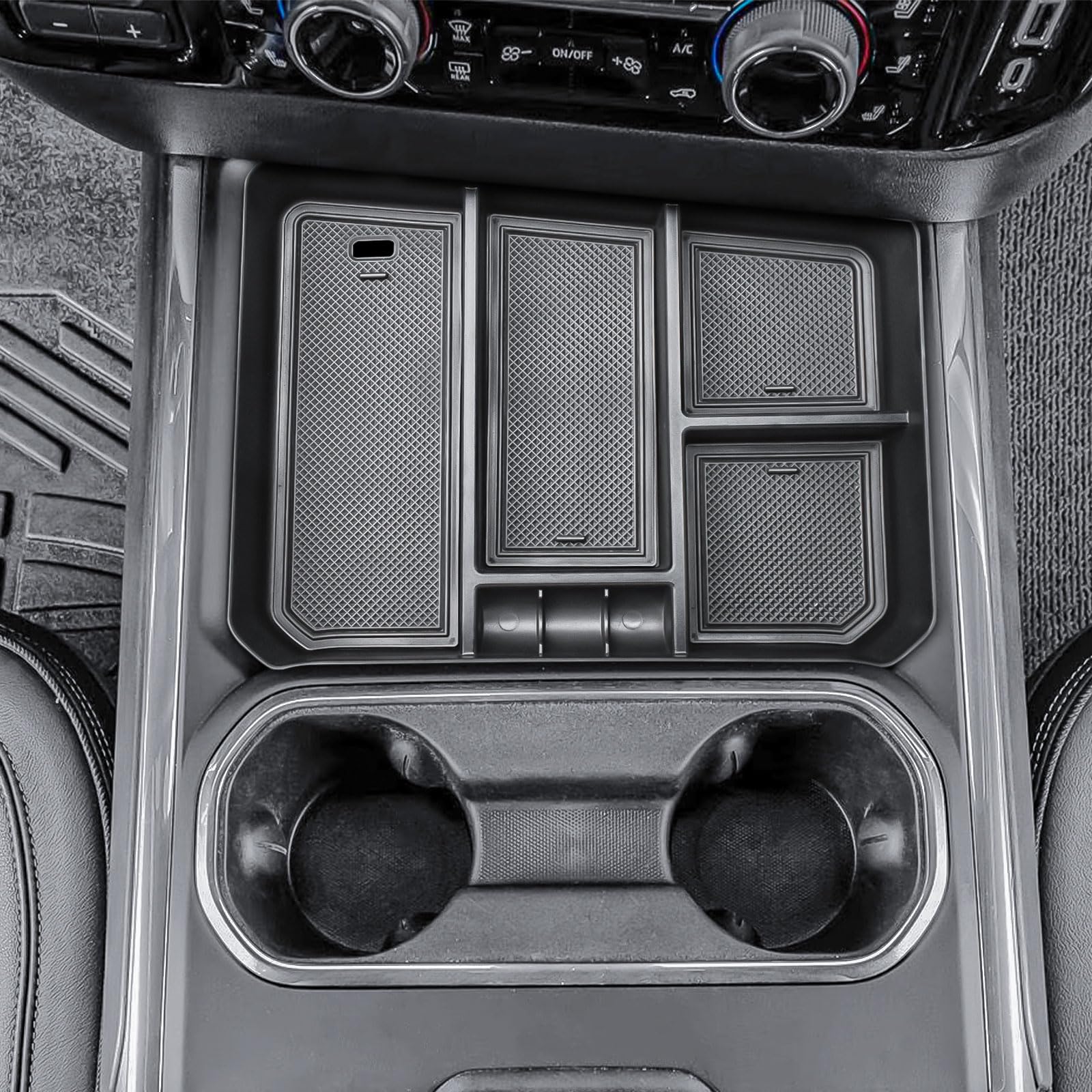 HGWEI organizer installed in Silverado HD console demonstrating precise fit