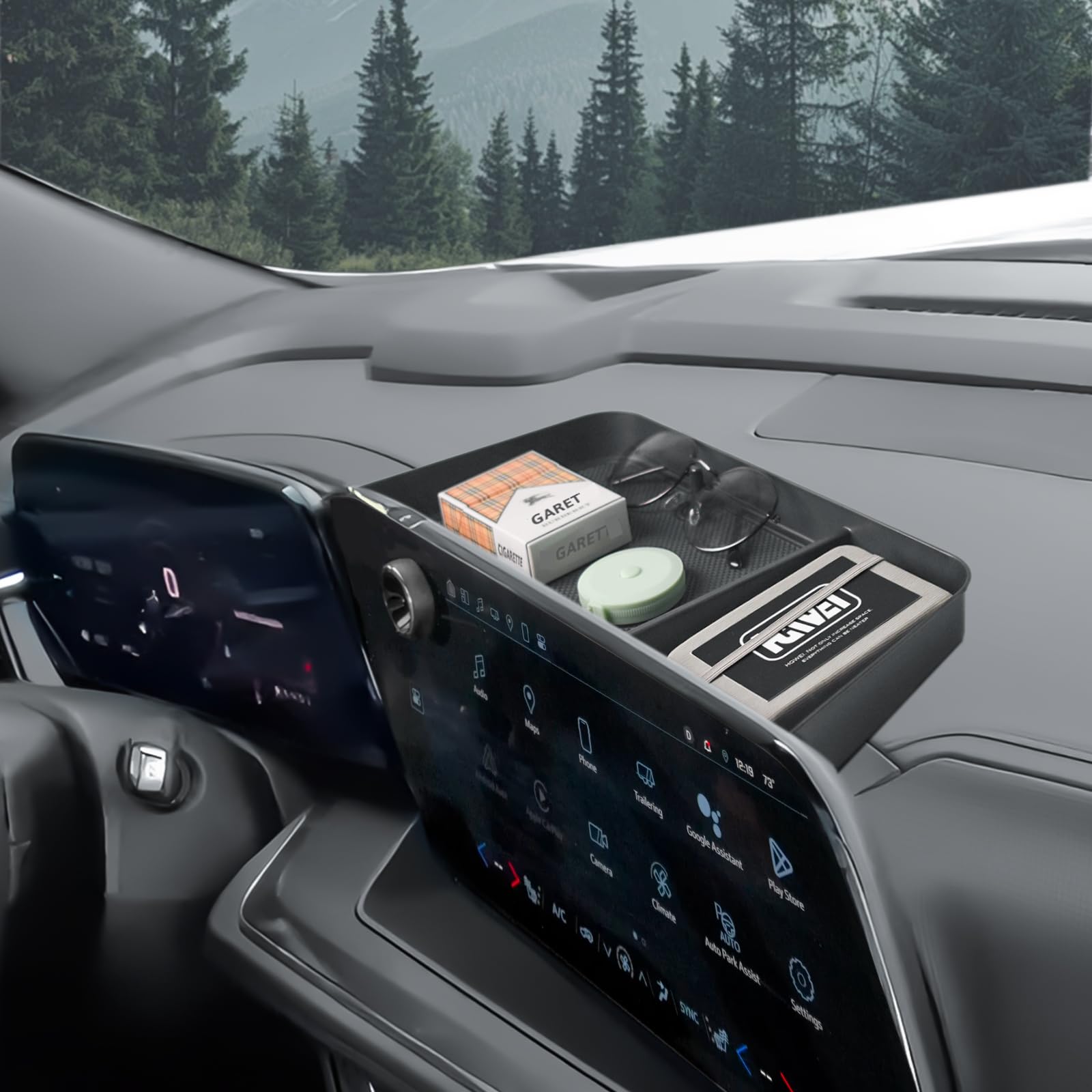 HGWEI front installed organizer showing neat dashboard storage benefit