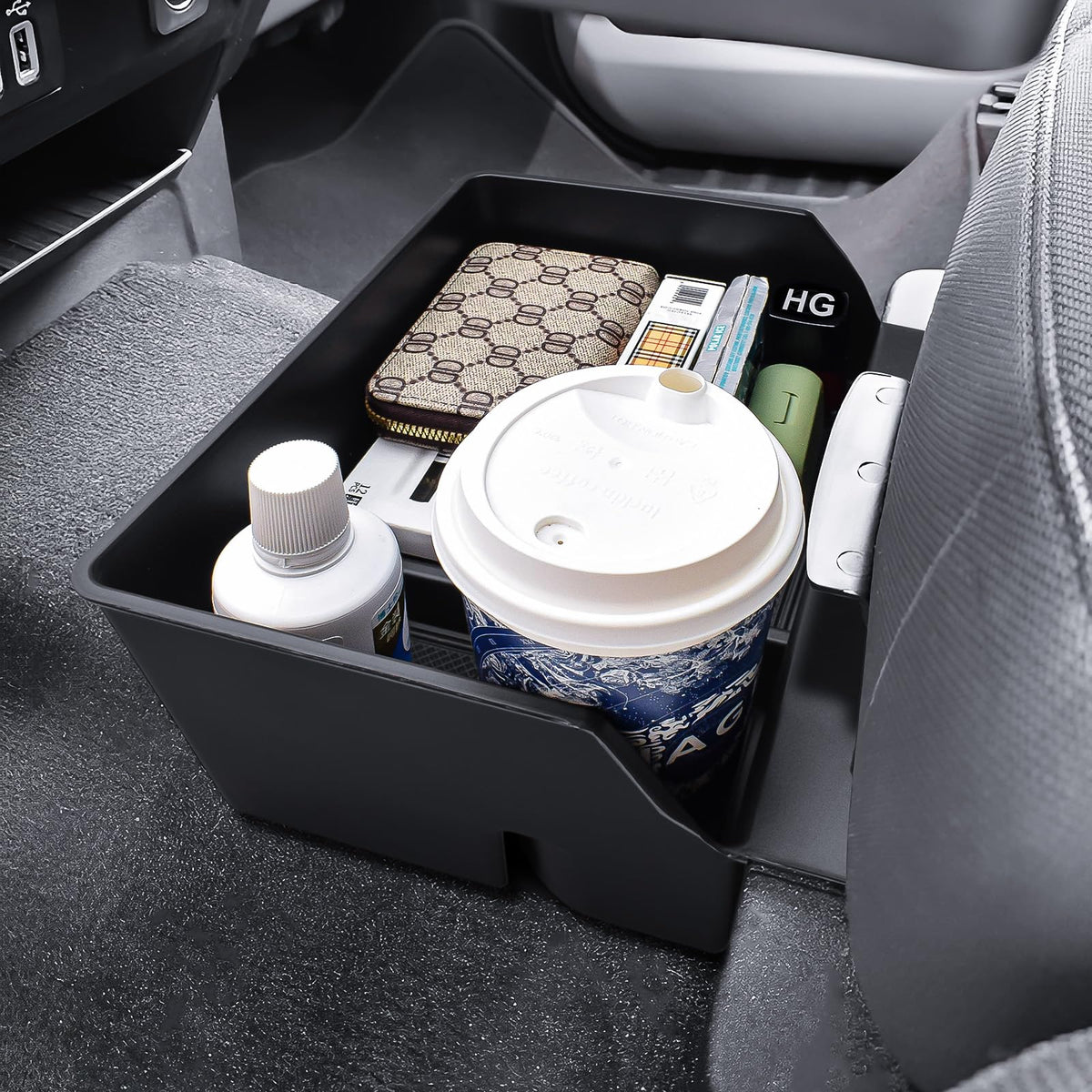 HGWEI front view installed underseat organizer that blends with OEM interior and increases storage