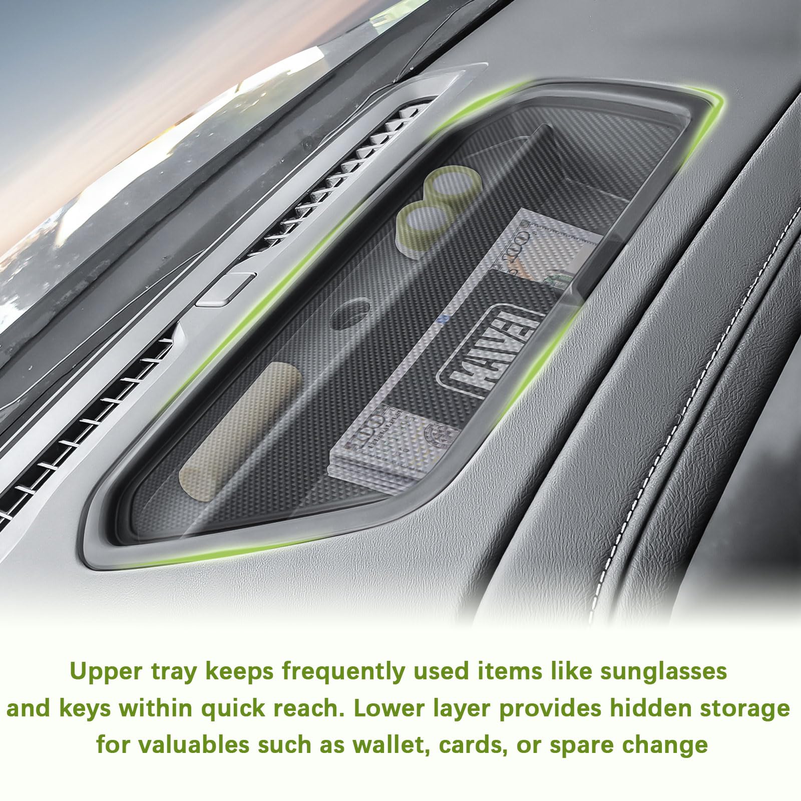 HGWEI tray visible in dashboard showing easy access while driving