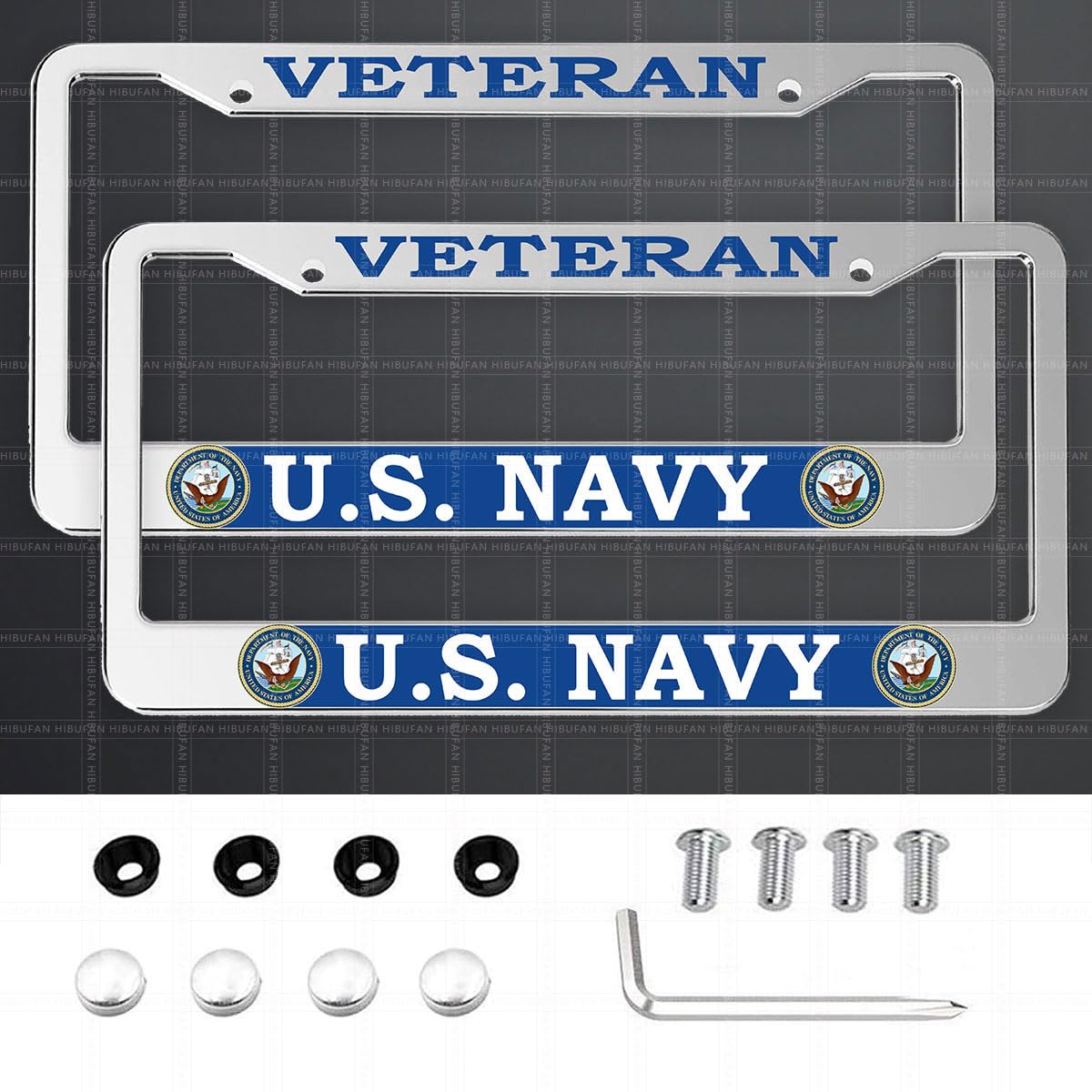 HIBUFAN silver front license frame showing clean Department of The Navy design and protection