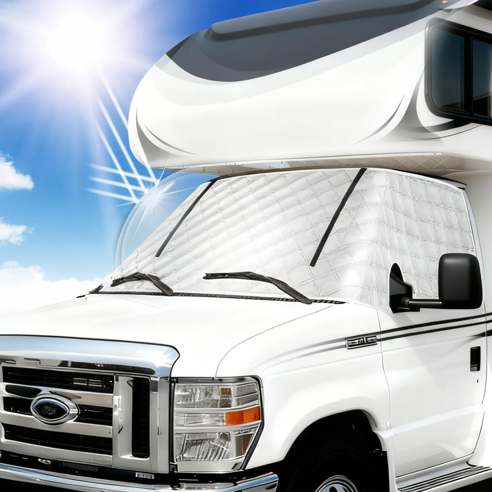 HICOVER front view installed on Ford E450 windshield showing full coverage and weather protection