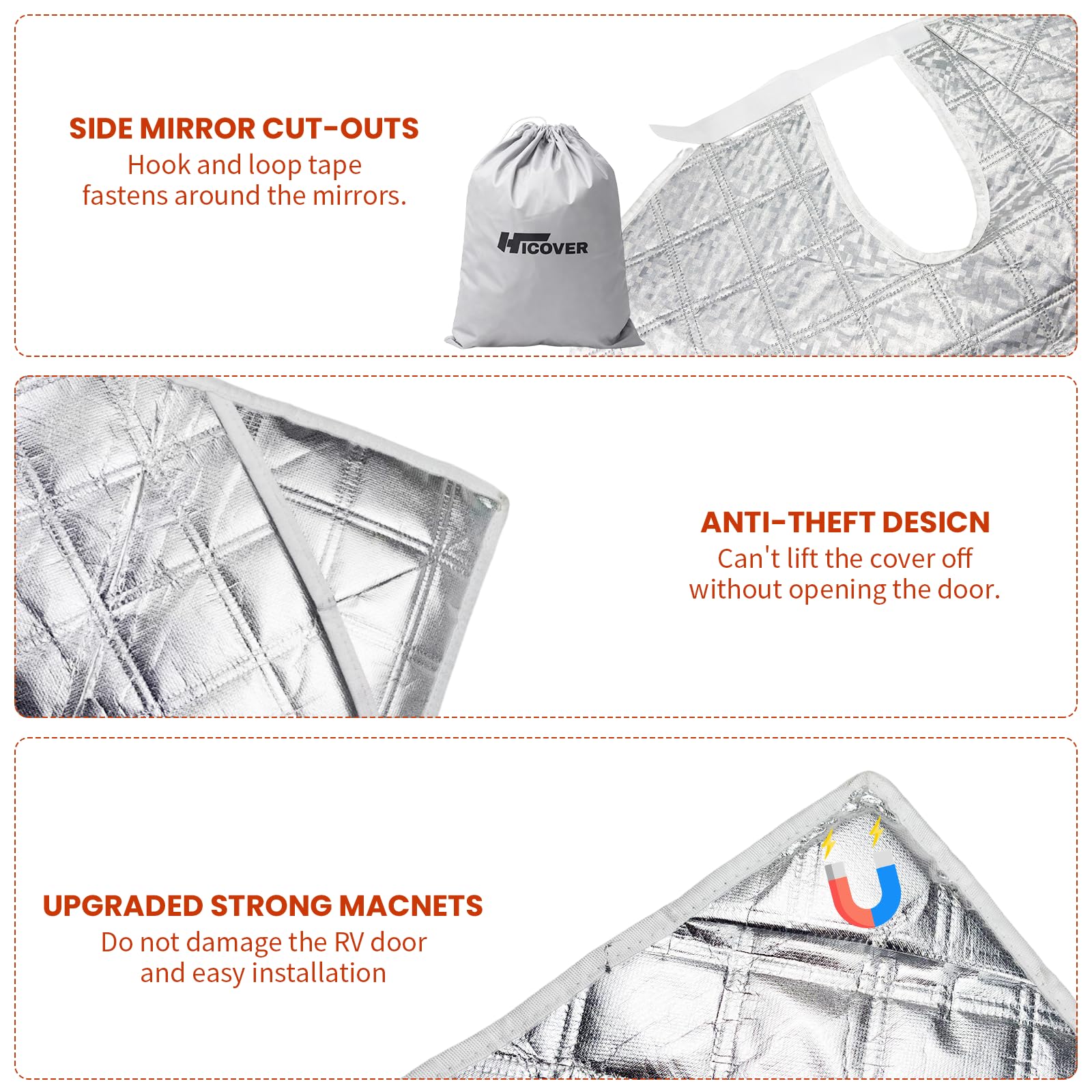 HICOVER hook and loop fastener at mirror area providing windproof stability
