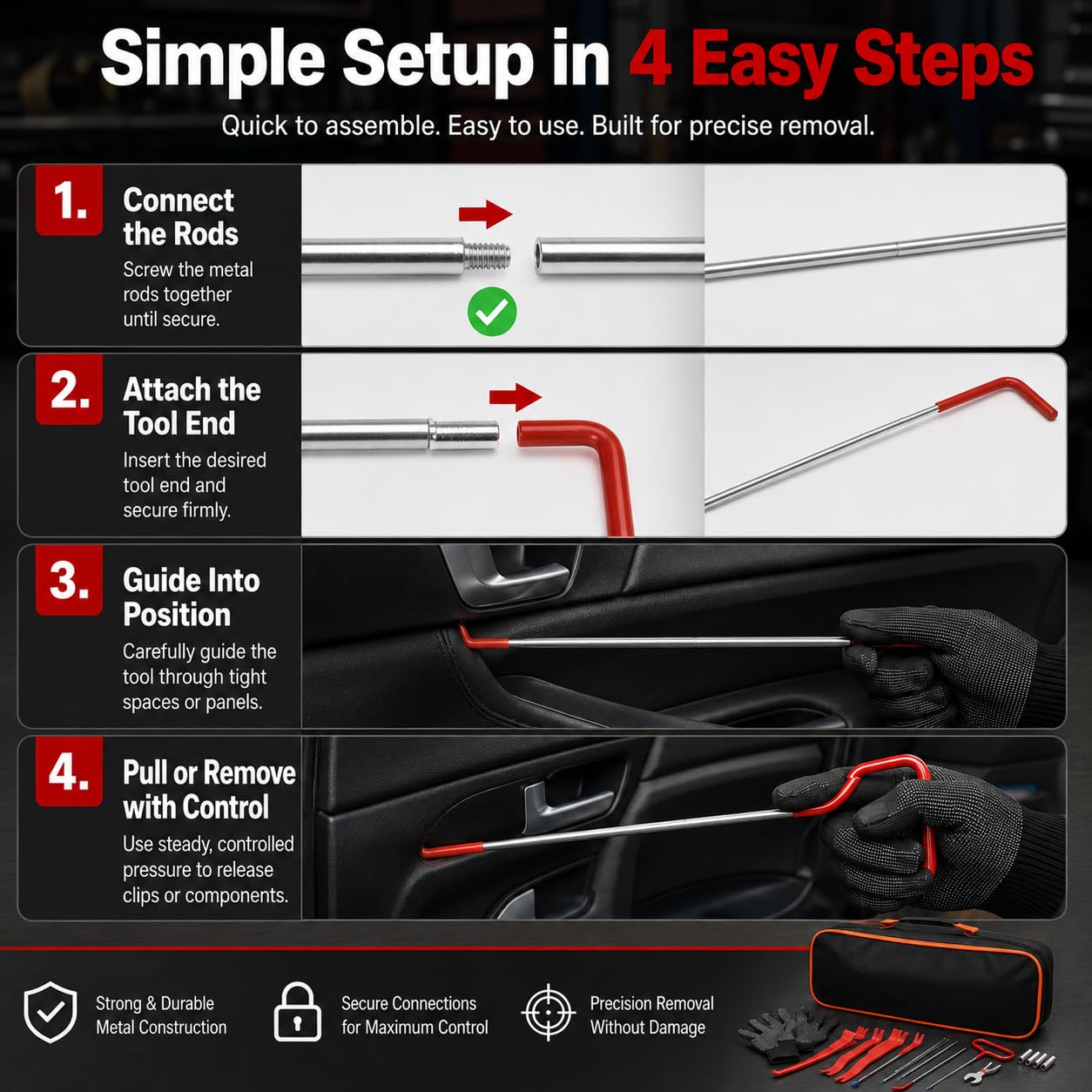 HIGH & SKY long rod in use creating access to a car latch for safe operation